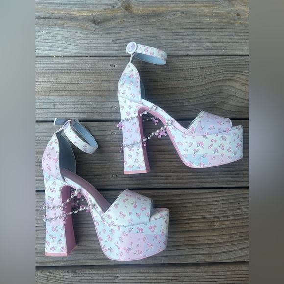 sugar thrillz floral coquette bow and pearl charm platform heels size 9 - Picture 2 of 5